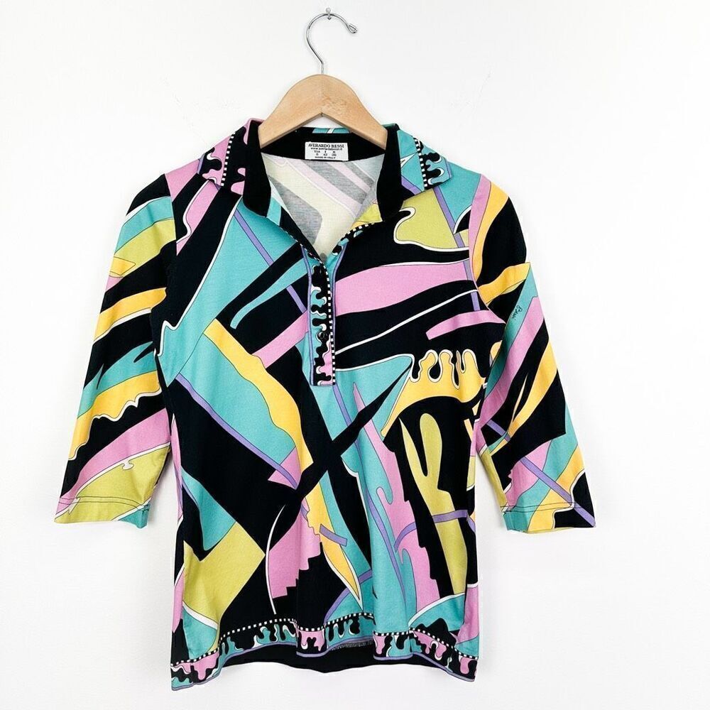 Averardo Bessi Women’s Unique 80s Colorful Abstract Movement 1/4 Button Elbow Sh